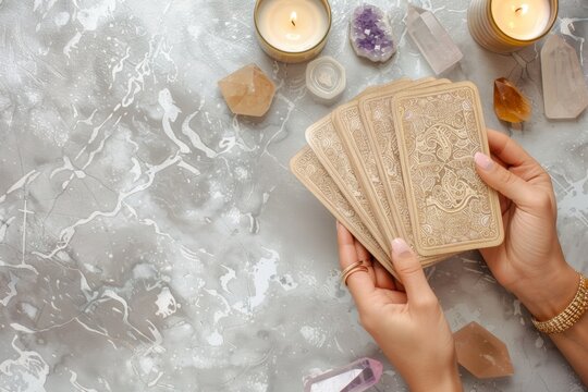 woman hands holding tarot cards, fortune telling, prophecy reading concept, top view esoteric magical layout with crystals, oracle and candles