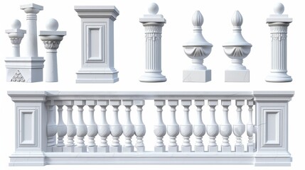 Marble or stone balustrades with pillars, columns, balusters and handrails. Modern realistic set of 3D fences in Greek or Roman style for balconies, terraces, and stairs.