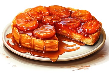 A beautiful illustration of a  tarte tatin. The golden crust is topped with caramelized apples and a rich, creamy custard filling. The tart is served on a white plate.