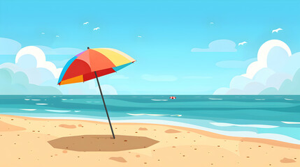 Relaxed  Vibrant Sandy Beach: Colorful Umbrella  Clear Sky Concept for Summer   Cartoony Isometric Scene with Copyspace