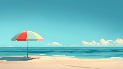 Sandy beach with colorful umbrella and clear sky   Relaxing summer concept with ample copyspace in cartoon flat design