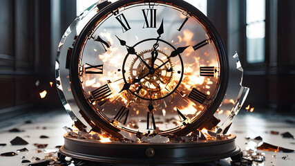 Broken and burning glass clock in front of white background, Generative AI