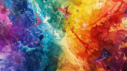 Capture the vibrant colors of love and pride in a digital artwork of a birds-eye view of a diverse LGBTQ-themed art class, showcasing intricate watercolor techniques