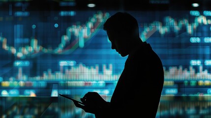 An enigmatic portrayal of a trader silhouette studying financial data on a digital tablet, with virtual screens in the background showing real-time candlestick.