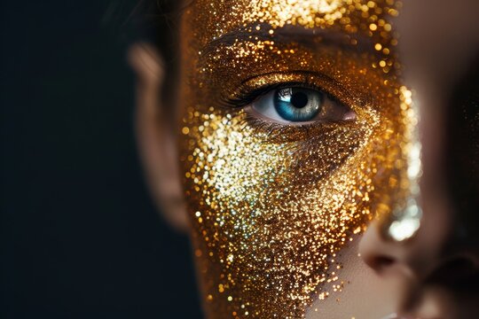 Hidden Treasures of Beauty: Woman's Face Half-Covered in Gold Glitter