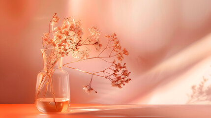 Peach fuzz is the color of the year 2024 Frame glass vase and dry flowers toned in fashion blended pinkorange trendsetting colour of year Peach Fuzz : Generative AI