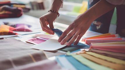 Professional interior designers working together on a project in their office they are checking fabric swatches and picking the right color palette hands close up : Generative AI