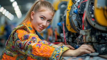 A young woman is focused on working on a machine inside a busy factory, surrounded by industrial equipment and tools