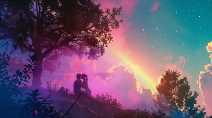 Fototapeta premium Craft a surreal digital masterpiece featuring a couple basking in a tender moment under a sky painted in surreal rainbow shades Utilize CG ing to add depth and richness