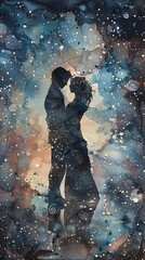 Craft a traditional watercolor painting showcasing a tender moment between two individuals under a canopy of shimmering stars Emphasize the play of light and shadow to evoke a sens