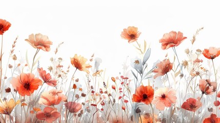 Soft light pastel luxury Red and Orange long stemmed flowers and grass white background a long field of flowers.