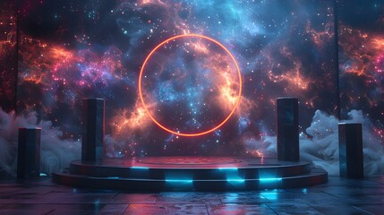 Futuristic 3D Podium Background with Glowing Cosmic Energy Effects in Ethereal Space Scene