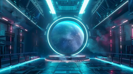 Futuristic 3D Podium with Glowing Aurora Borealis and Quasar Cosmic Backdrop for Immersive Scientific Product or Technology Showcase