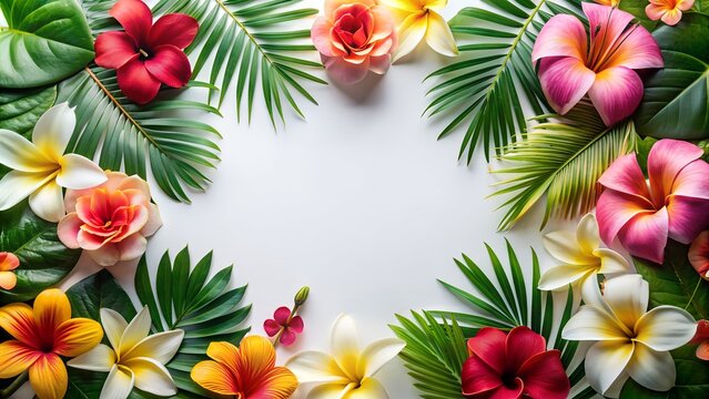 Summer concept frame of tropical flowers and empty copy space in center.  Hibiscus, monstera and palm leaves. Flat lay, top view.