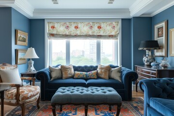 Tastefully decorated living room featuring blue walls, classic furniture, and large windows