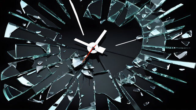 Broken glass clock in front of black background, Generative AI