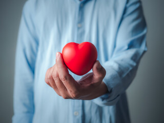Heart in left hand. Man holding heart shape toy and while standing against grey background, Cardiology, health planning, insurance healthcare and medical concept.