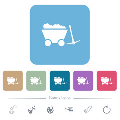 Loaded mine cart and pickaxe flat icons on color rounded square backgrounds