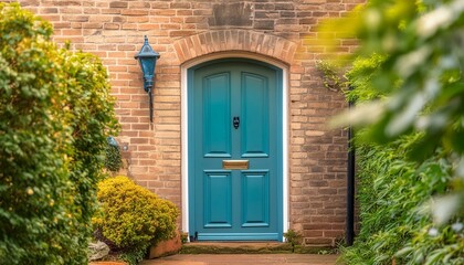 A blue and green door framed an aged brick wall,  a nostalgic ambiance reminiscent of a quaint countryside cottage.door in a wall