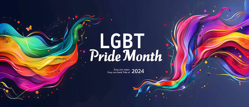 2025 LGBT Pride Month Banner Background with Colorful Waves and Rainbow Flag Waving On Dark Background, Rainbow Colors, Pride Celebration Theme