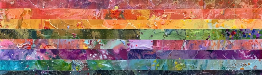 Illustrate the unity and strength of the LGBTQ community by creating a mixed-media collage featuring layers of pride flags intertwined with elements from different cultures