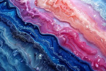 A colorful abstract image featuring swirls of blue, pink, and purple mixed with shimmering water droplets.
