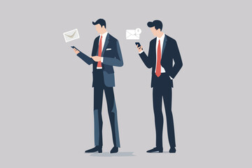 two businessmen were standing straight, sending messages on their cell phones