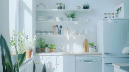 Minimal light scandinavian kitchen interior White furniture with utensils shelves with crockery and plants in pots small refrigerator near window panorama empty space : Generative AI