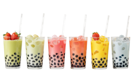 Artistic array of bubble teas with diverse flavors, suitable for cafe menu visuals and drink advertising.