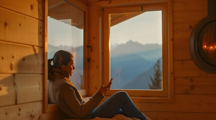 Woman sits with phone on window sill and enjoys scenic view on mountains while resting in wooden house on nature Wide interior view of cozy room : Generative AI