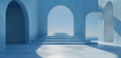 A serene architectural scene featuring blue arches and steps, bathed in natural light ideal for a product placement.