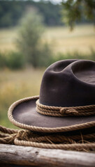 Rustic Charm, Close-Up of Cowboy Hat and Rope Against a Blurred Horse in the Background