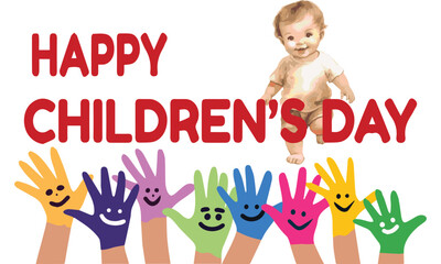 Happy Children's Day, Lot of Painted Hands Raised Up. Group of Multiracial Funny Children Funny kids Hands Up. 