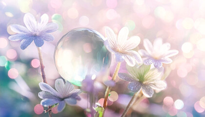 クリスタルの花、透明感、朝露、ミニチュア、光の粒、ミニチュア、宝石、玉虫色、逆光、繊細、ガラス 2024