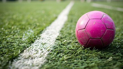 Close up of a magenta Soccer Ball next to a white Line on a green Pitch. Football Background