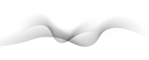 Flowing dots particles wave pattern halftone black gradient curve shape isolated on white background. Vector in concept of technology, science, music, modern.
