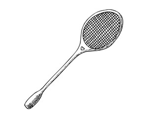 Badminton racket with heart, sports equipment. Hand drawn sketch isolated element for design