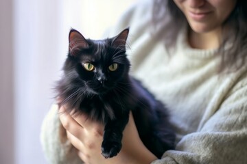 One-eyed black cat in hands of owner. Stray cat found new home, sheltered cat. Banner and copy space