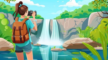 In summer forest, tourist with backpack makes picture on camera of scenery landscape with waterfall cascade falling into pond. Travel, journey adventure. Cartoon modern illustration of a tourist with