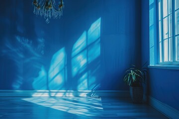 Calm blue interior with natural light casting shadows and highlighting a potted plant