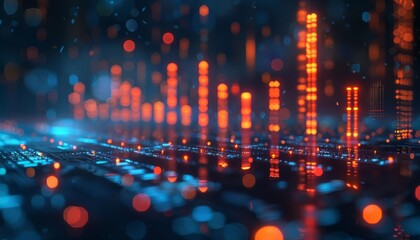 3D of a stock market graph, glowing lights on a blue background with a bokeh effect Business data visualization concept