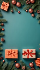 Fototapeta na wymiar Christmas background. Gift and decorations. Aesthetic tone on tone. 