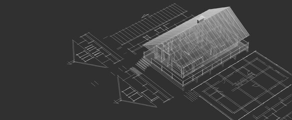 architecture traditional house plan 3d illustration