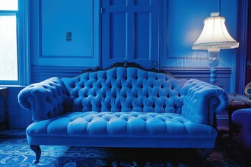 Classic tufted sofa in a rich blue room with vintage lamp and decor