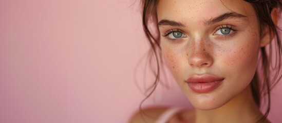 Fototapeta premium Portrait of young caucasian woman with freckles and natural makeup looking away against pink background. Concept of innocence and modern femininity