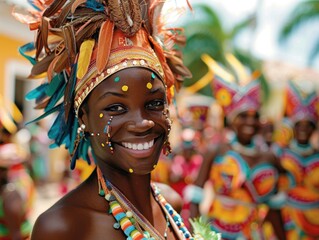 Portrait of smiling Black woman in colorful carnival costume with painted face during cultural celebration outdoors. Concept of cultural diversity and joy