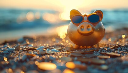 sunny day at the beach featuring a piggy bank adorned with sunglasses, accompanied by coins, portraying the summer vacation concept against golden light landscapes