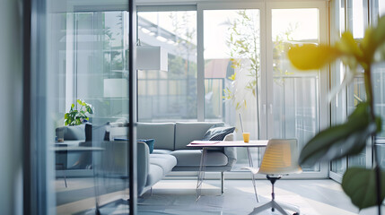 Stylish home office space in living room with tempered glass wall and sliding doors : Generative AI