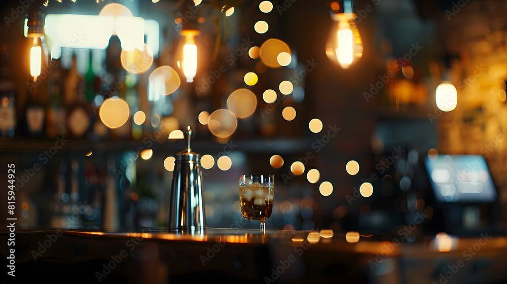 Poster blurred background of bar or pub interior with bokeh : generative ai