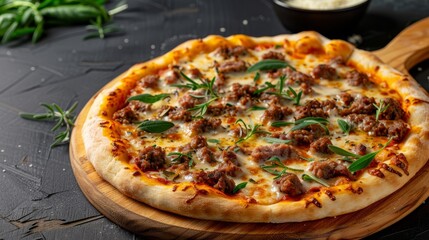 parmesan pizza with beef for national pizza party day background concept with copy space
